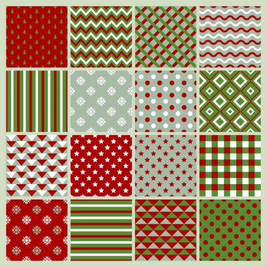 Basit geometrik Noel dokusu kolleksiyonu. Kırmızı ve yeşil renkler.