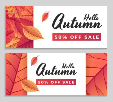 Sonbahar indirimli afiş ve harf şablonu. Parlak sonbahar yaprakları. Poster, kart, etiket, pankart tasarımı. Alışveriş satışı ya da internet afişi için ideal. Parlak geometrik arka plan. Vektör illüstrasyonu.
