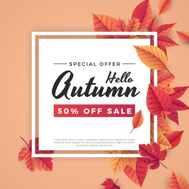 Yazılı sonbahar satışı arka plan şablonu. Parlak sonbahar yaprakları. Poster, kart, etiket, pankart tasarımı. Alışveriş için ideal. Parlak doğal altyapı. Vektör illüstrasyonu.