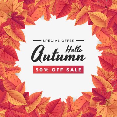 Yazılı sonbahar satışı arka plan şablonu. Parlak sonbahar yaprakları. Poster, kart, etiket, pankart tasarımı. Alışveriş için ideal. Parlak doğal altyapı. Vektör illüstrasyonu.