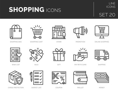 Vektör alışveriş simgeleri kümesi. Simgeler, mobil kavramlar ve web uygulamaları için elementleri olan düz / çizgi tasarımındalar. Modern bilgi logoları ve piktogramlar koleksiyonu.
