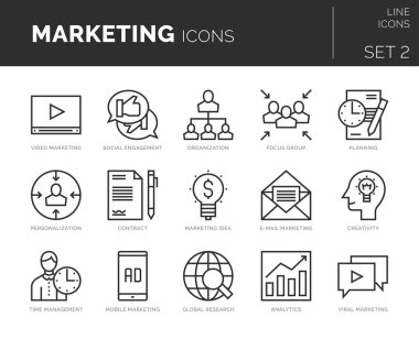 Modern ince çizgi simgelerinin toplanması pazarlama elementleri kümesi.