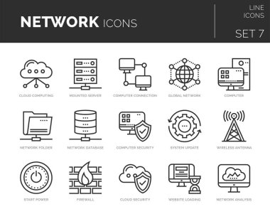 Modern ince çizgi simgelerinin toplanması ağ ögeleri kümesi.