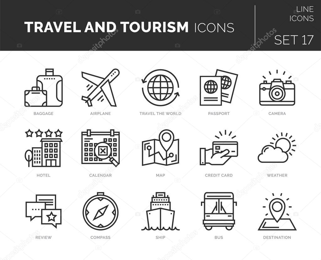 Set of vector travel and tourism icons. Icons are in flat / line design with elements for mobile concepts and web apps. Collection of modern infographic logos and pictograms.