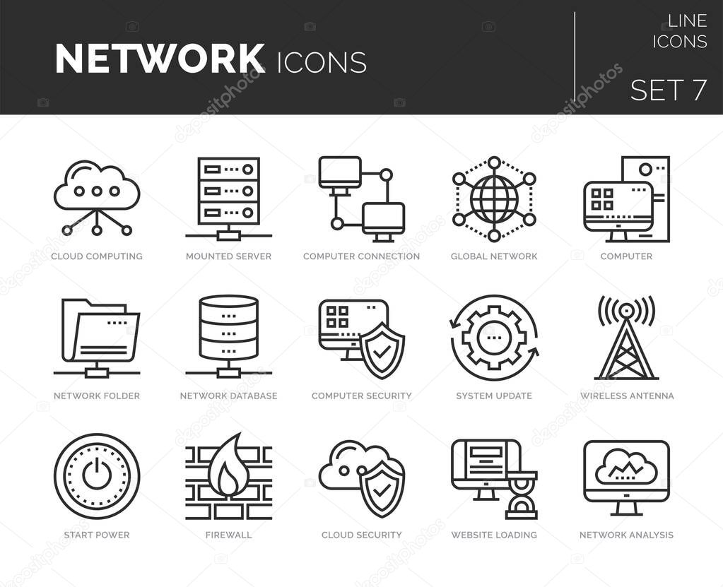 Collection of modern thin line icons set of network elements.