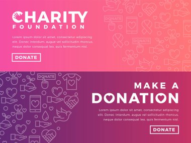 Modern vektör web sitesi afişleri ve hayır amaçlı nesneler. Kâr amacı gütmeyen organizasyon için kart, bağış toplama etkinliği, gönüllü merkezi. Vektör tasarımı.