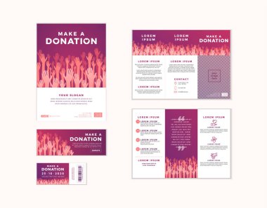 Bağış ve bağış şablonları bir dizaynda. El ilanı, bilet, afiş ve poster. Gönüllü merkezi, bağış toplama etkinliği, organizasyon metnin. Vektör illüstrasyonu.