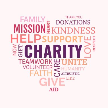 Hayırseverlik kavramı ve bağış geçmişi kalp şeklindeki tipografi. Arka plan olarak ideal. Düz tasarım, vektör illüstrasyonu.