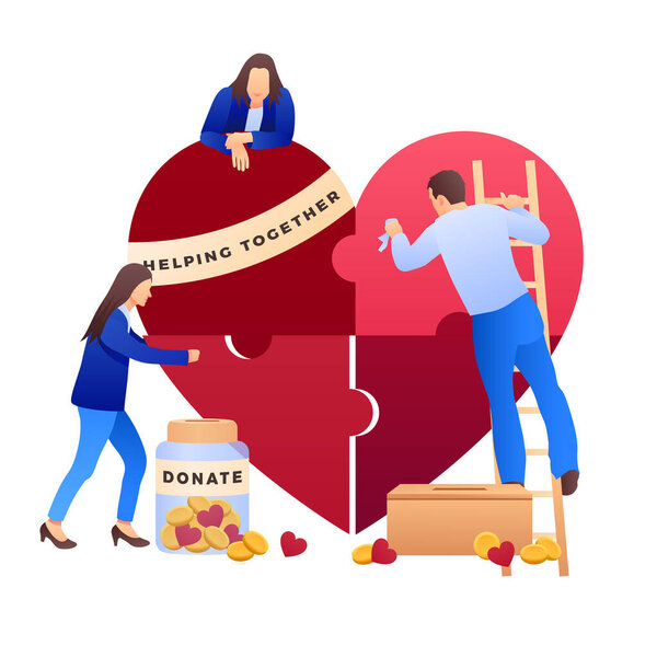 Charity illustration with people who care about big puzzle heart. Charity care, help. Donate, giving money. Vector illustration, flat style design. - Vektor