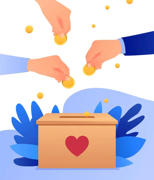 People Throw Gold Coins Carton Box Heart Coins Hand Donation — Stock Vector