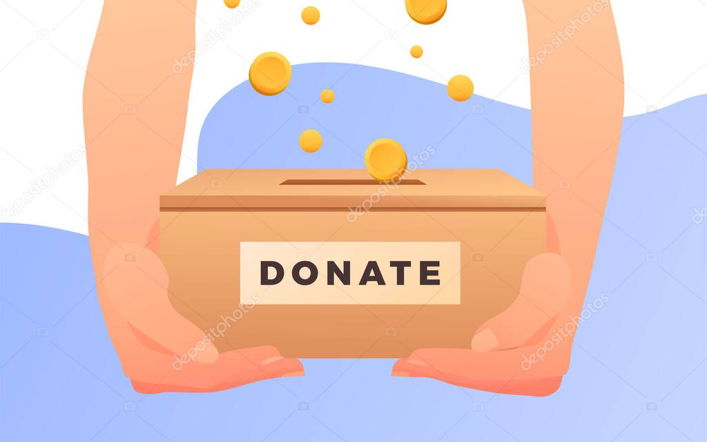 Hands holding a carton box with banner text donate.  Donation box. Donate, giving money. Vector illustration, flat style design. - Vektor