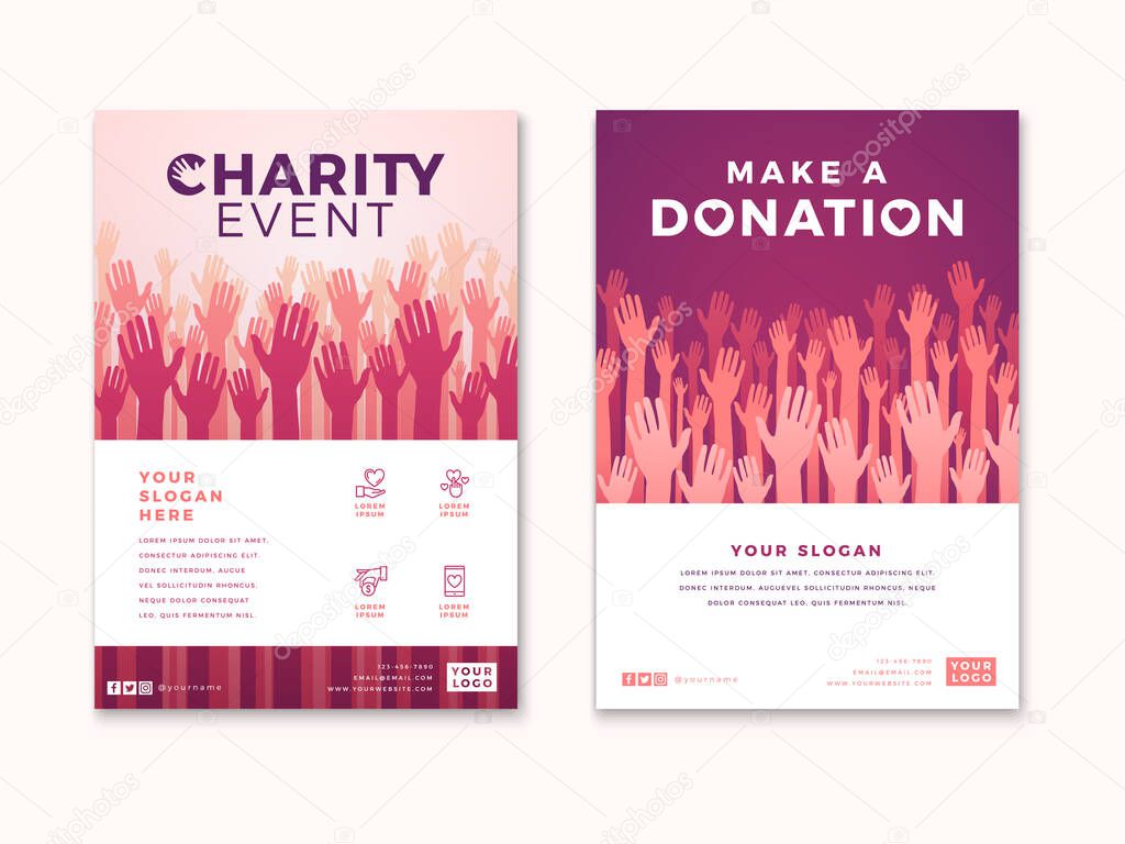 Charity and donation poster design templates. Card flyer poster with your text for volunteer center, fundraising event, organization. Vector illustration.