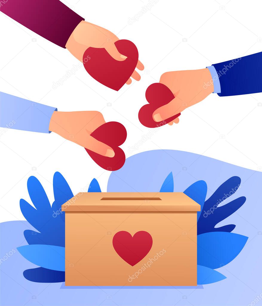 People throw hearts into a box for donations. Hearts in hand. Donation box. Donate, giving money and love. Modern vector illustration, flat style design with gradient.