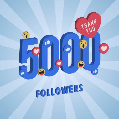5000 takipçiye teşekkür eden sosyal medya afişi. 3D 'li mavi kart. Tüm abonelere ve takipçilere teşekkür ederim..