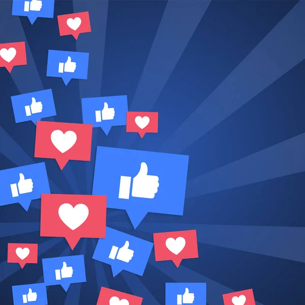 Fondo Medios Sociales Con Corazón Símbolos Similares Tarjeta Azul Con — Vector de stock