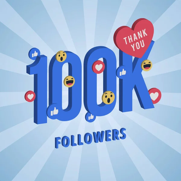 Banner Sociálních Médií Poděkováním 100K Následovníků Modrá Karta Děkujeme Oslavit — Stockový vektor