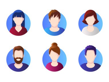 Beyaz zemin üzerinde izole edilmiş çeşitli yuvarlak avatarlar. Farklı kıyafetler ve farklı saç stilleri. Eğimli basit düz çizgi film biçimi.