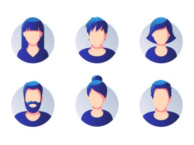 Beyaz zemin üzerinde izole edilmiş çeşitli yuvarlak avatarlar. Farklı kıyafetler ve farklı saç stilleri. Eğimli basit düz çizgi film biçimi.