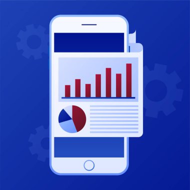 Sembolleri ve insanları olan halkla ilişkiler ve pazarlama geçmişi. Grafikli akıllı telefon. Eğilimli düz stil tasarımı. Modern vektör.