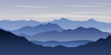 Mavi dağlar ve mavi gökyüzü ile güzel manzaranın vektör arkaplanı, düz çizgi film tarzında arka plan - çokgen manzara çizimi.