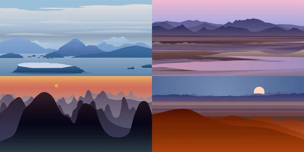 4つの美しいベクトル背景のセット デザートと夜の風景 フラット漫画スタイルの背景 多角形の風景イラスト — ストックベクタ