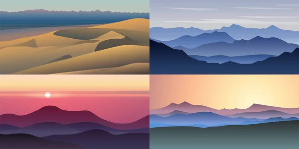 4つの美しいベクトル背景のセット デザートと日没の風景 フラット漫画スタイルの背景 多角形の風景イラスト — ストックベクタ