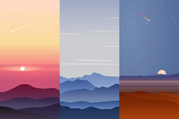 明るい色の空と美しい風景の3つのベクトル背景のセット 夜と朝 フラット漫画スタイルの背景 多角形の風景イラスト — ストックベクタ