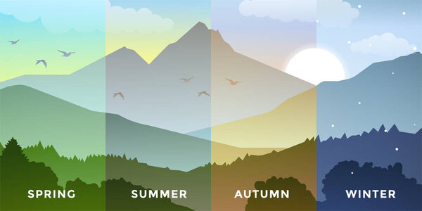 Набор из четырех сезонов - весна, лето, осень, зима. Векторный фон красивого пейзажа с зелеными шипами, ярко-голубое небо. Фон в плоском мультипликационном стиле - полигональная иллюстрация пейзажа.
