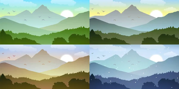 冬の4つの季節のセット 緑の丘 明るい色の青い空と美しい風景のベクトル背景 フラット漫画スタイルの背景 多角形の風景イラスト — ストックベクタ
