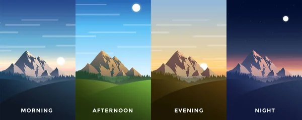 その日の時間の4つのベクトル背景のセット カラフルな空と美しい山の風景 フラット漫画スタイルの背景 多角形の風景イラスト 明るい色 — ストックベクタ
