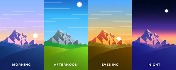 その日の時間の4つのベクトル背景のセット カラフルな空と美しい山の風景 フラット漫画スタイルの背景 多角形の風景イラスト 明るい色 — ストックベクタ