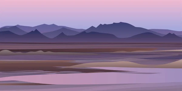 丘のある美しいピンクのデザートの風景のベクトル背景 フラット漫画スタイルの背景 多角形の風景イラスト — ストックベクタ