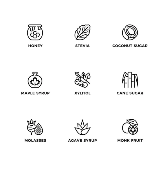 Şekerleme alternatifleri, sağlıklı yiyecekler, doğal yedekler için vektör set, logo tasarım şablonu, ikonlar ve rozetler. Satır simgesi ayarlandı, düzenlenebilir vuruş.
