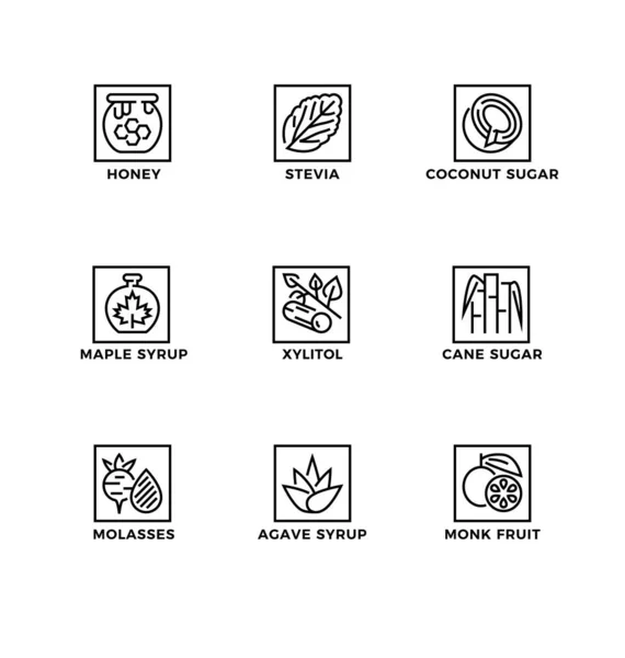 Şekerleme alternatifleri, sağlıklı yiyecekler, doğal yedekler için vektör set, logo tasarım şablonu, ikonlar ve rozetler. Satır simgesi ayarlandı, düzenlenebilir vuruş.