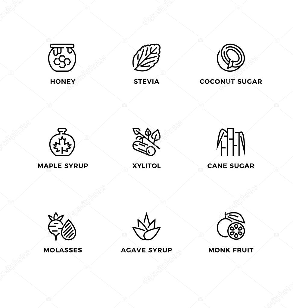 Vector set of design elements, logo design template, icons and badges for sugar alternatives, healthy food, natural substitutes. Line icon set, editable stroke.