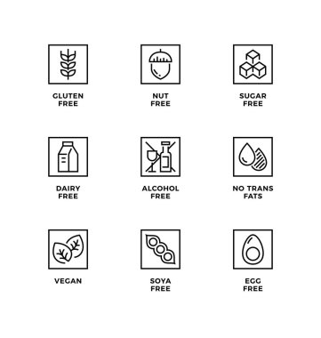 Tasarım elementleri, logo tasarımı şablonu, sağlıklı gıda ambalajları için ikonlar ve rozetler. Satır simgesi ayarlandı, düzenlenebilir vuruş.