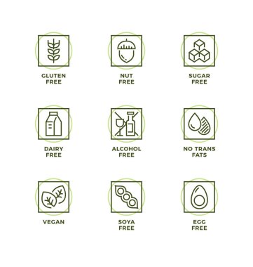 Tasarım elementleri, logo tasarımı şablonu, sağlıklı gıda ambalajları için ikonlar ve rozetler. Satır simgesi ayarlandı, düzenlenebilir vuruş.