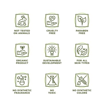 Doğal ve organik kozmetik için tasarım elementleri, logo tasarımı, şablon simgeleri ve rozetler. Zalimlik yok, hayvanlar üzerinde denenmemiş, paraben yok, glüten yok. Satır simgesi ayarlandı, düzenlenebilir vuruş.