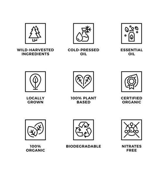 Vector set of design elements, logo design template, icons and badges for natural and organic cosmetic with eco based ingredients. Line icon set, editable stroke.