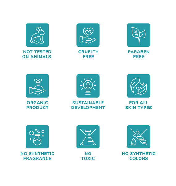 Vector set of design elements, logo design, template icons and badges for natural and organic cosmetic. Cruelty free, not tested on animals, paraben free, gluten free. Line icon set, editable stroke.