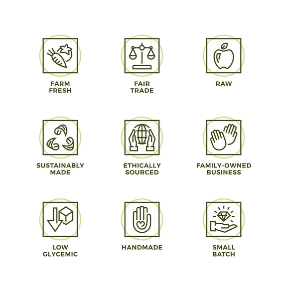 Doğal ve organik kozmetik ürünler için tasarım elementleri, logo tasarım şablonu, simgeler ve rozetler. El yapımı, adil ticaret, ham, etik kaynaklı. Satır simgesi ayarlandı, düzenlenebilir vuruş.