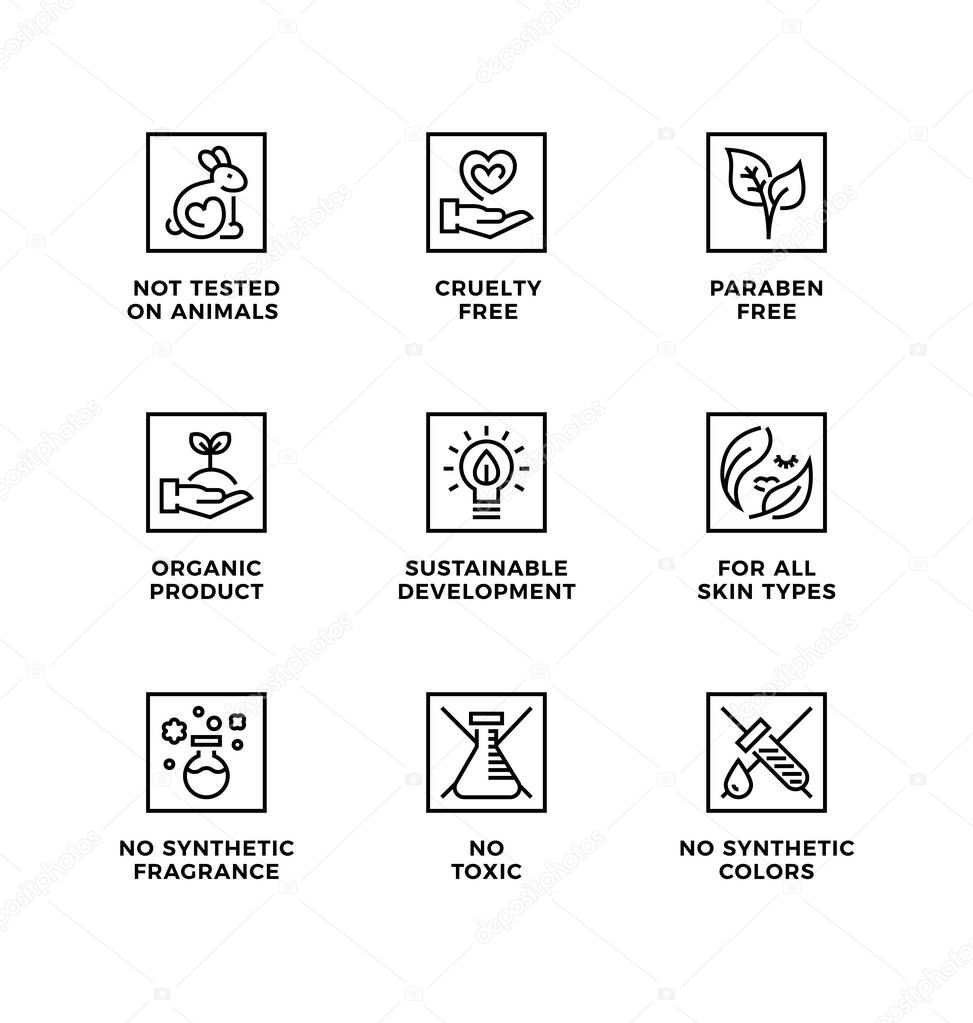Vector set of design elements, logo design, template icons and badges for natural and organic cosmetic. Cruelty free, not tested on animals, paraben free, gluten free. Line icon set, editable stroke.