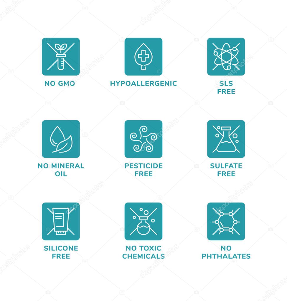 Vector set of design elements, logo design template, icons and badges for natural and organic cosmetic. SLS free, sulfate free, silicone free, no mineral oil. Line icon set, editable stroke.