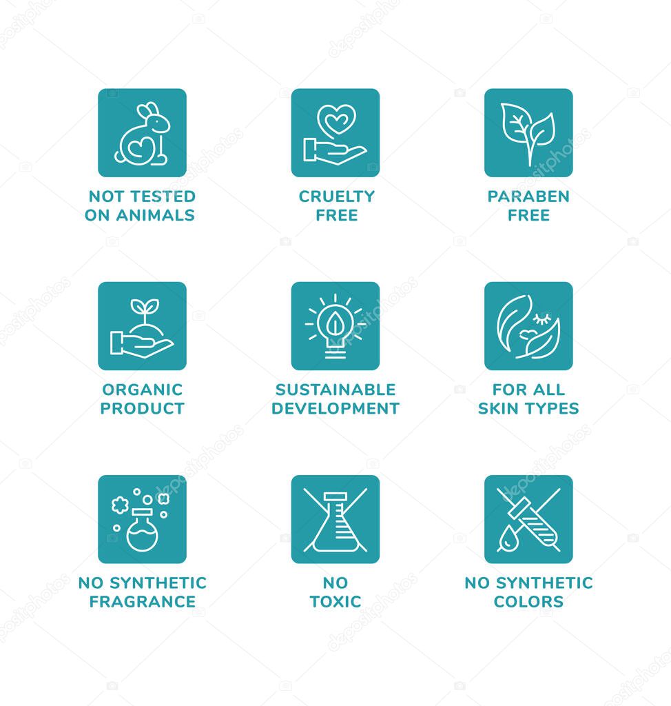 Vector set of design elements, logo design, template icons and badges for natural and organic cosmetic. Cruelty free, not tested on animals, paraben free, gluten free. Line icon set, editable stroke.