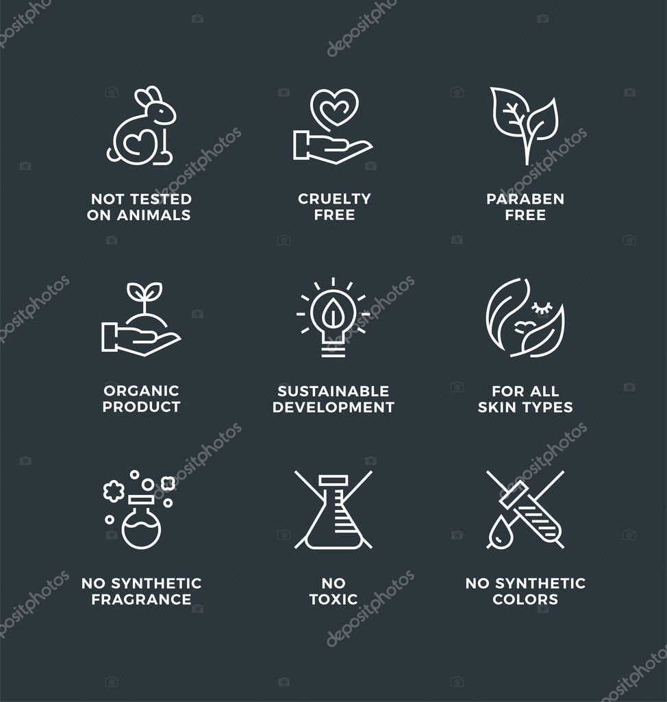 Vector set of design elements, logo design, template icons and badges for natural and organic cosmetic. Cruelty free, not tested on animals, paraben free, gluten free. Line icon set, editable stroke.