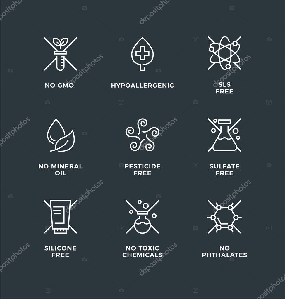 Vector set of design elements, logo design template, icons and badges for natural and organic cosmetic. SLS free, sulfate free, silicone free, no mineral oil. Line icon set, editable stroke.