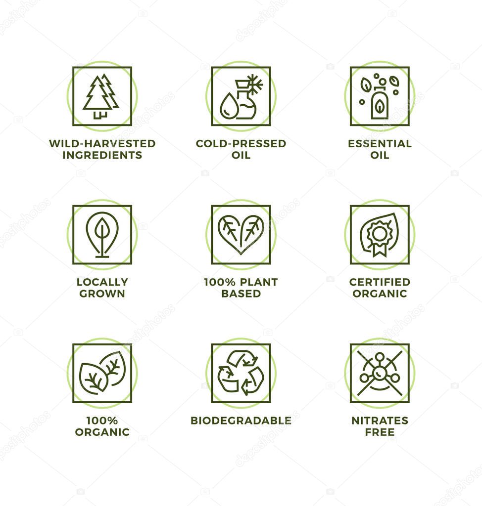 Vector set of design elements, logo design template, icons and badges for natural and organic cosmetic with eco based ingredients. Line icon set, editable stroke.