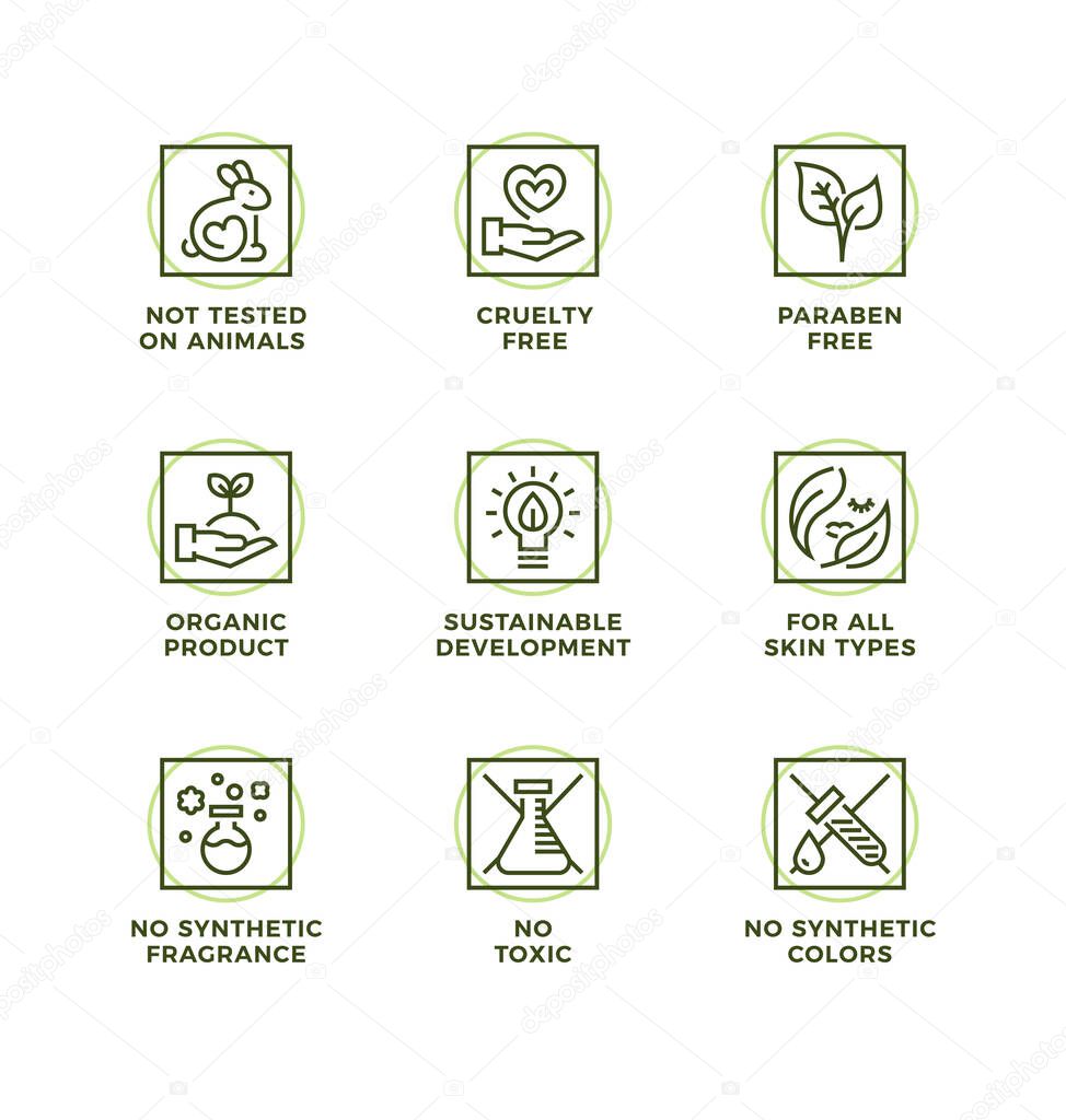 Vector set of design elements, logo design, template icons and badges for natural and organic cosmetic. Cruelty free, not tested on animals, paraben free, gluten free. Line icon set, editable stroke.