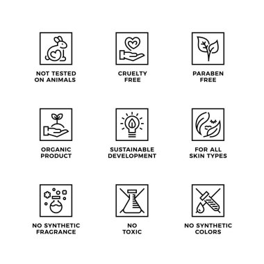 Doğal ve organik kozmetik için tasarım elementleri, logo tasarımı, şablon simgeleri ve rozetler. Zalimlik yok, hayvanlar üzerinde denenmemiş, paraben yok, glüten yok. Satır simgesi ayarlandı, düzenlenebilir vuruş.