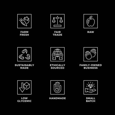 Doğal ve organik kozmetik ürünler için tasarım elementleri, logo tasarım şablonu, simgeler ve rozetler. El yapımı, adil ticaret, ham, etik kaynaklı. Satır simgesi ayarlandı, düzenlenebilir vuruş.